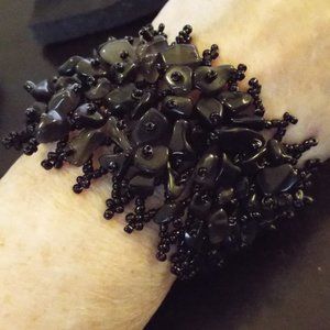 JET STONE NUGGETS CROCHETED BUTTON BEAD WIDE BRACELET 75